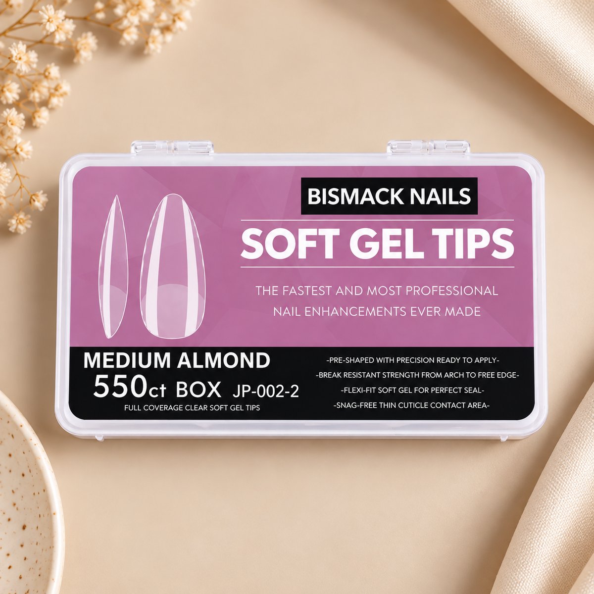 Bismack Soft Gel Tips – Medium Almond | 550 Pieces