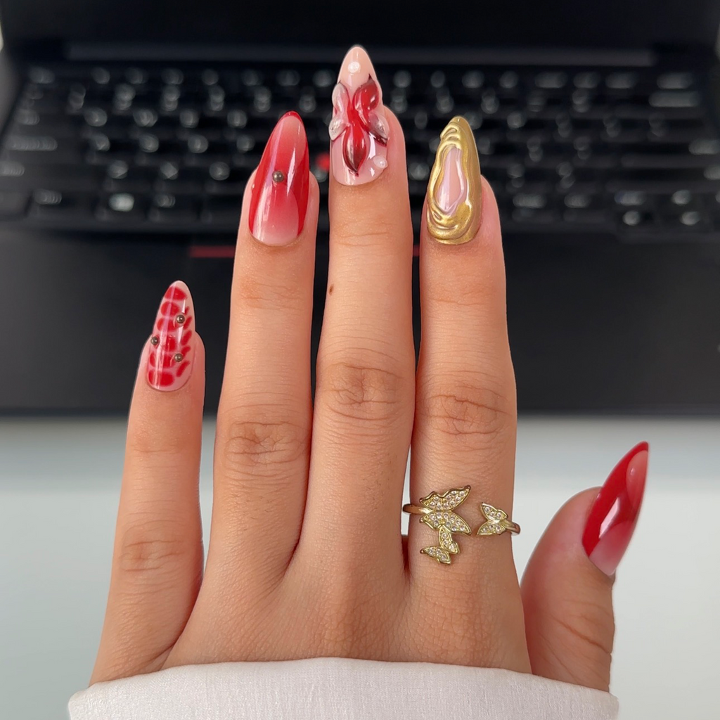 Cherry Red 3D Flower Press-On Nails
