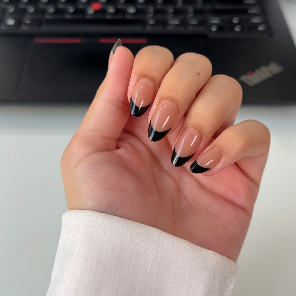 Black French Tip Almond Press-On Nails