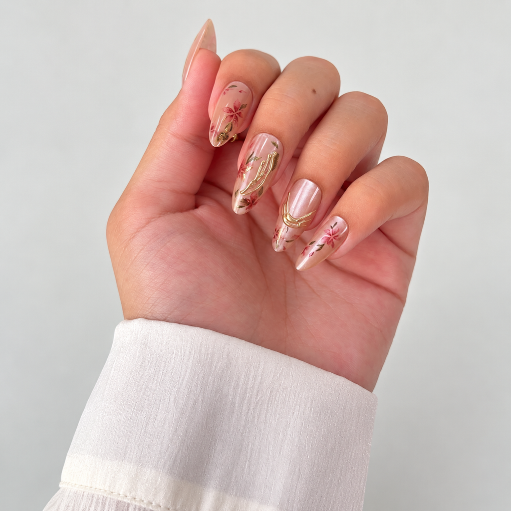 Blooming Gold Floral Press-On Nails