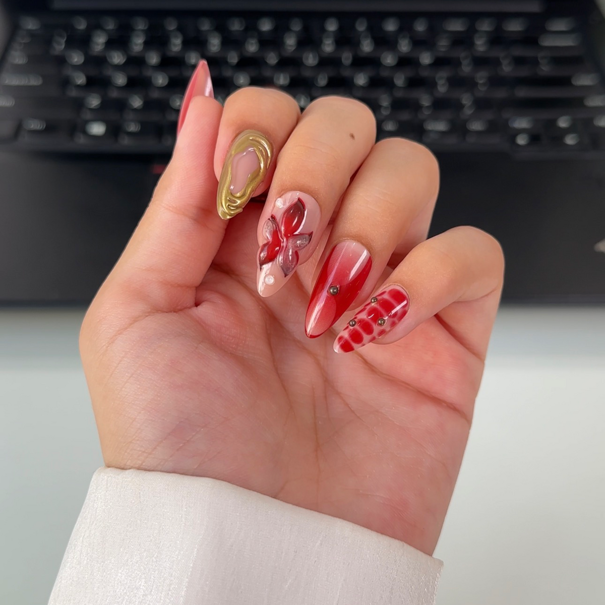Cherry Red 3D Flower Press-On Nails
