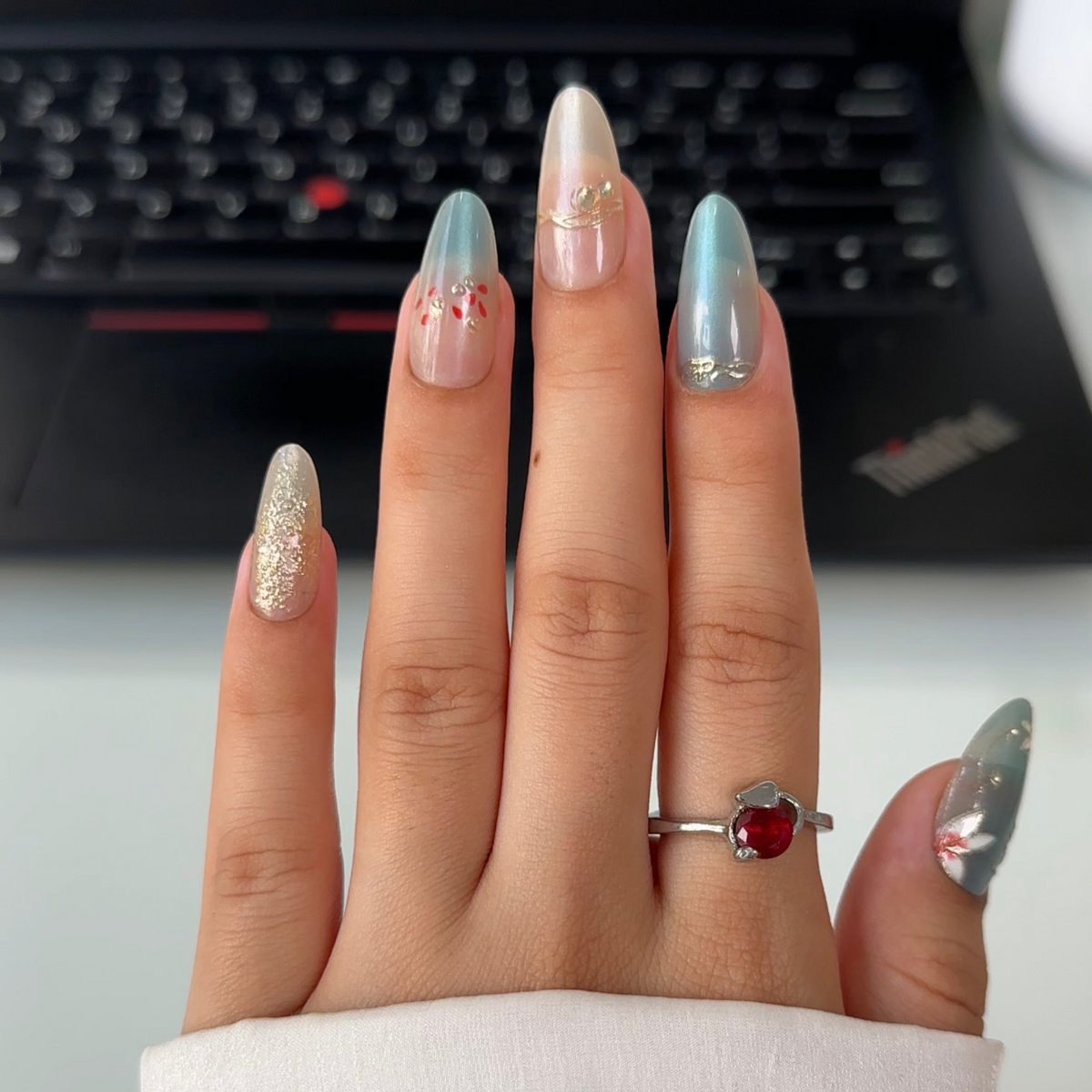 Silver Blue Glam Press-On Nails